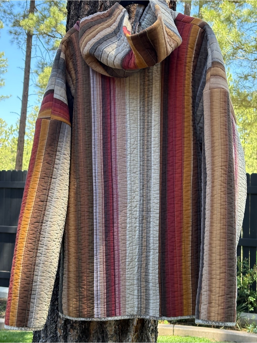 XXL mens/3x woman’s Striped Hooded Quilted Upcycled Pullover - Earth Tones - Picture 3 of 9